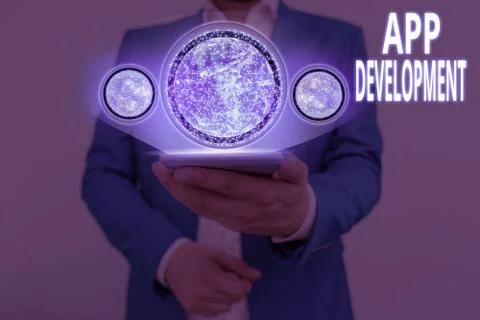 Writing note showing App Development. Business photo showcasing the act or 스톡 사진