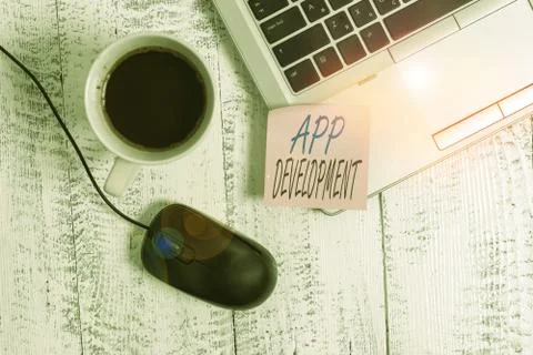 Writing note showing App Development. Business photo showcasing the act or Stockfoto's