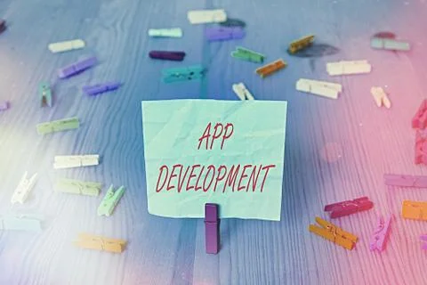 Writing note showing App Development. Business photo showcasing producing 库存照片