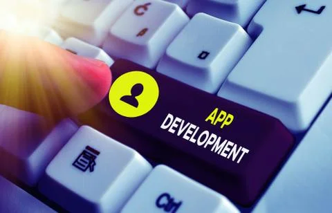 Writing note showing App Development. Business photo showcasing producing Stock Photos