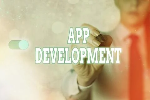 Writing note showing App Development. Business photo showcasing producing Stock-Fotos