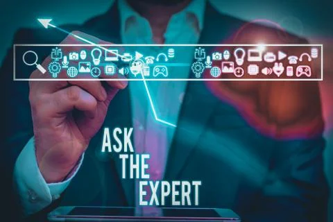 Writing note showing Ask The Expert. Business photo showcasing Looking for Stock Photos