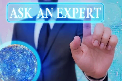Writing note showing Ask An Expert. Business photo showcasing consult someone Stock Photos