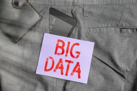 Writing note showing Big Data. Business photo showcasing Dealing with the Stock Photos