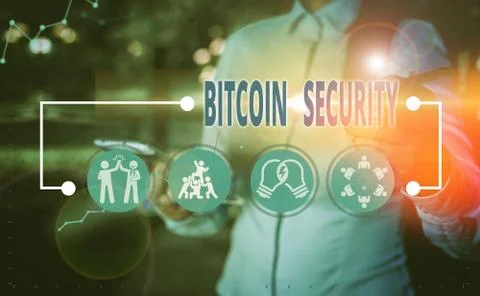 Writing note showing Bitcoin Security. Business photo showcasing funds are 库存照片