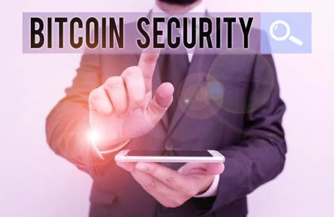 Writing note showing Bitcoin Security. Business photo showcasing funds are 库存照片