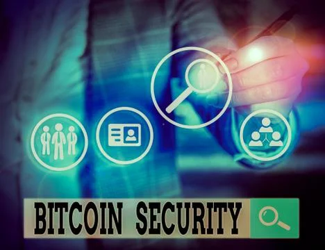 Writing note showing Bitcoin Security. Business photo showcasing funds are 库存照片