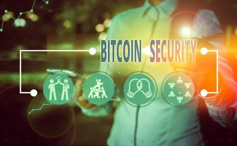 Writing note showing Bitcoin Security. Business photo showcasing funds are 库存照片