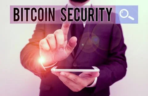 Writing note showing Bitcoin Security. Business photo showcasing funds are 库存照片