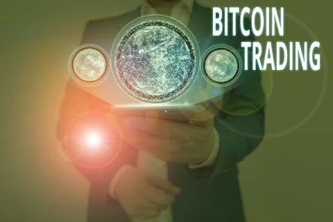 Writing note showing Bitcoin Trading. Business photo showcasing buying and Foto stock