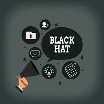 Writing note showing Black Hat. Business photo showcasing used in reference to a Stock Illustration