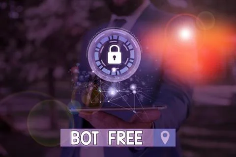 Writing note showing Bot Free. Business photo showcasing a computer program that Stock Photos