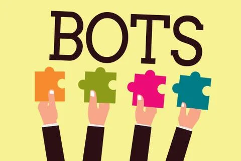 Writing note showing Bots. Business photo showcasing Automated program that runs Ilustración de archivo