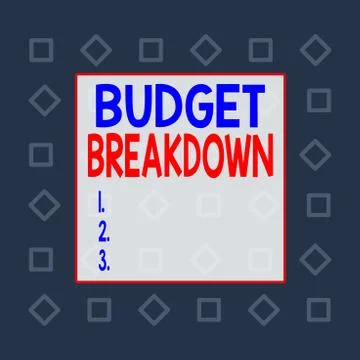 Writing note showing Budget Breakdown. Business photo showcasing dividing the Ilustração Stock