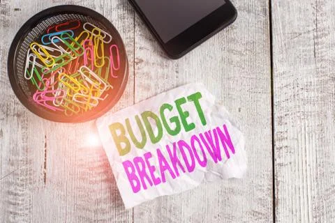 Writing note showing Budget Breakdown. Business photo showcasing dividing the Fotos Stock