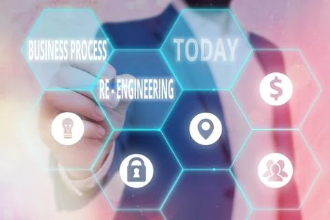 Writing note showing Business Process Re Engineering. Business photo showcasing Stock Photos