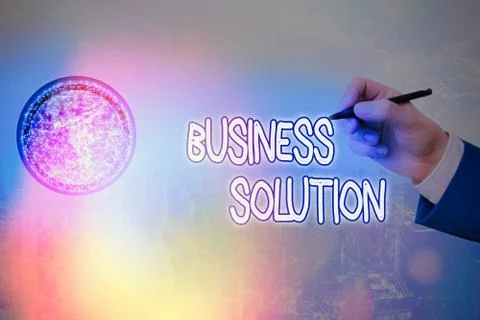 Writing note showing Business Solution. Business photo showcasing Services that 스톡 사진