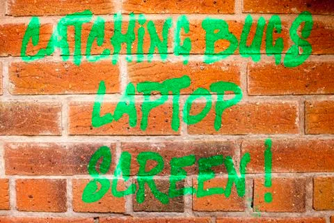 Writing note showing Catching Bugs Laptop Screen. Business photo showcasing Stock Photos