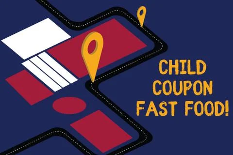 Writing note showing Child Coupon Fast Food. Business photo showcasing Ticket Ilustración de archivo