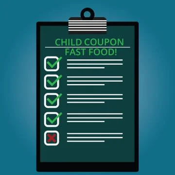 Writing note showing Child Coupon Fast Food. Business photo showcasing Ticket Ilustración de archivo