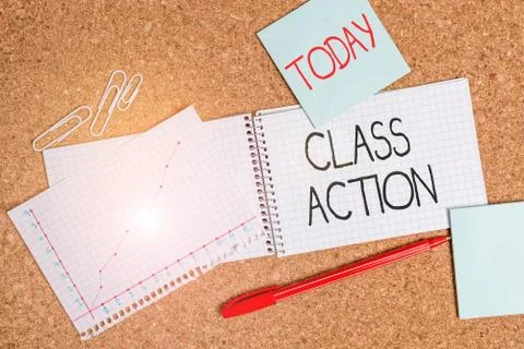 Writing note showing Class Action. Business photo showcasing lawsuit filed by Stockfoto's