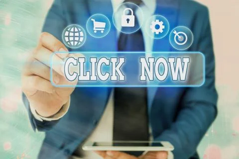 Writing note showing Click Now. Business photo showcasing pressing the button Stock Photos