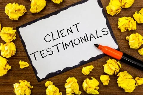 Writing note showing Client Testimonials. Business photo showcasing Written D Stock Photos