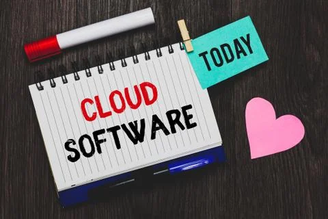 Writing note showing Cloud Software. Business photo showcasing Programs used in 스톡 사진