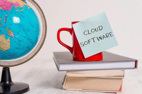 Writing note showing Cloud Software. Business photo showcasing Programs used in 스톡 사진