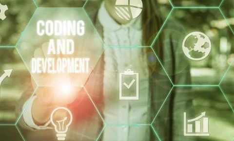 Writing note showing Coding And Development. Business photo showcasing Stock Photos