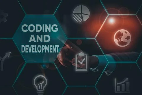 Writing note showing Coding And Development. Business photo showcasing Stock Photos