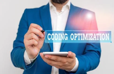 Writing note showing Coding Optimization. Business photo showcasing method of Stock Photos