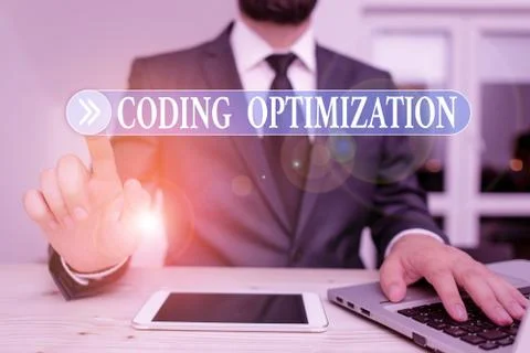 Writing note showing Coding Optimization. Business photo showcasing method of Stock Photos