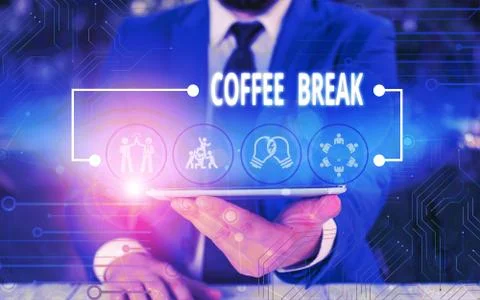 Writing note showing Coffee Break. Business photo showcasing short time when you Stock Photos