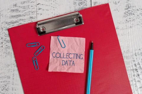 Writing note showing Collecting Data. Business photo showcasing Gathering and Foto stock