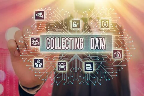Writing note showing Collecting Data. Business photo showcasing Gathering and Foto stock