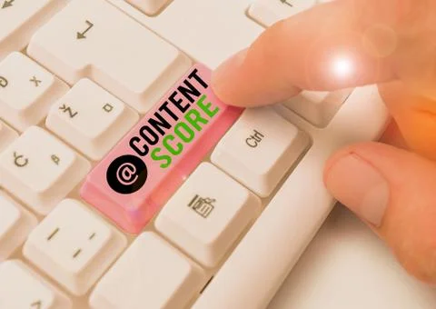 Writing note showing Content Score. Business photo showcasing aggregated Stock Photos