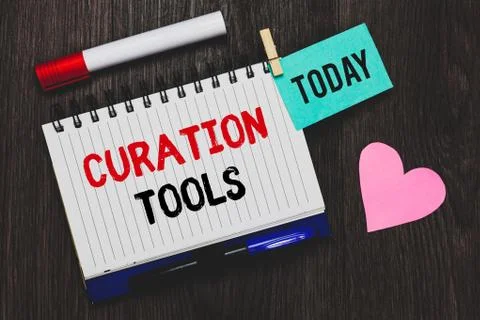 Writing note showing Curation Tools. Business photo showcasing Software used in Stock Photos