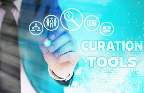 Writing note showing Curation Tools. Business photo showcasing Software used in Stock Photos