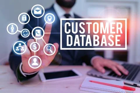 Writing note showing Customer Database. Business photo showcasing uptodate on Stock Photos