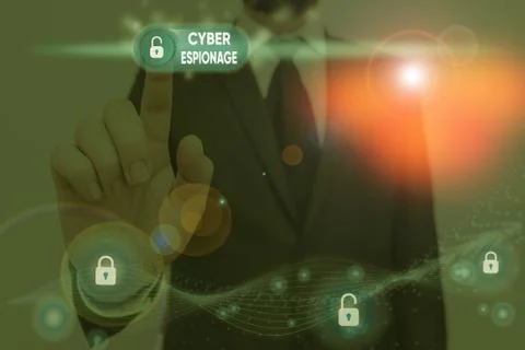 Writing note showing Cyber Espionage. Business photo showcasing obtaining Stock Photos