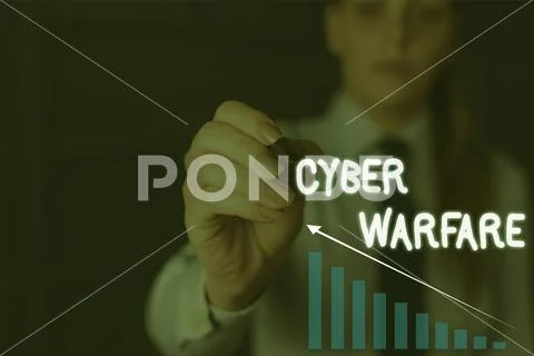 Writing note showing Cyber Warfare. Business photo showcasing Virtual War Stock Photos