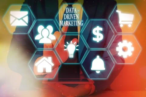 Writing note showing Data driven Marketing. Business photo showcasing process by Stock Photos