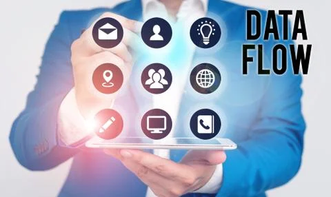 Writing note showing Data Flow. Business photo showcasing the movement of data Stockfoto's