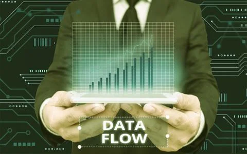 Writing note showing Data Flow. Business photo showcasing the movement of data Stock Photos