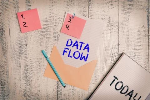 Writing note showing Data Flow. Business photo showcasing the movement of data 스톡 사진