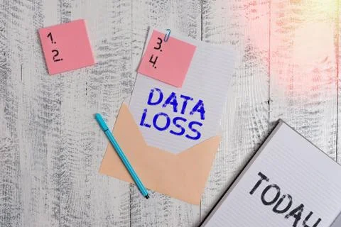 Writing note showing Data Loss. Business photo showcasing process or event that Stock Photos