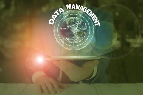 Writing note showing Data Management. Business photo showcasing disciplines Foto stock