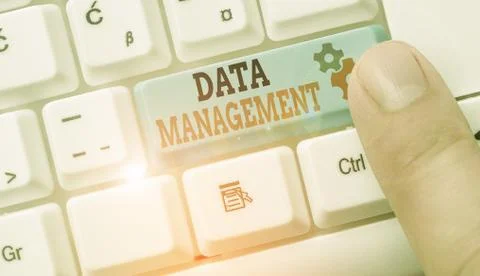 Writing note showing Data Management. Business photo showcasing disciplines Foto stock