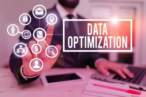 Writing note showing Data Optimization. Business photo showcasing process that Stock Photos
